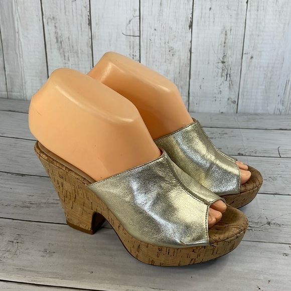 DEE KELLER gold Leather Cork Heel Wedge Platform Mule Sandals - Picture 5 of 14
